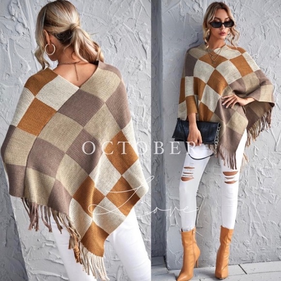 New! Clearance 🔥Trendy Tan Neutral Poncho Fringes Knit Soft - Picture 2 of 2